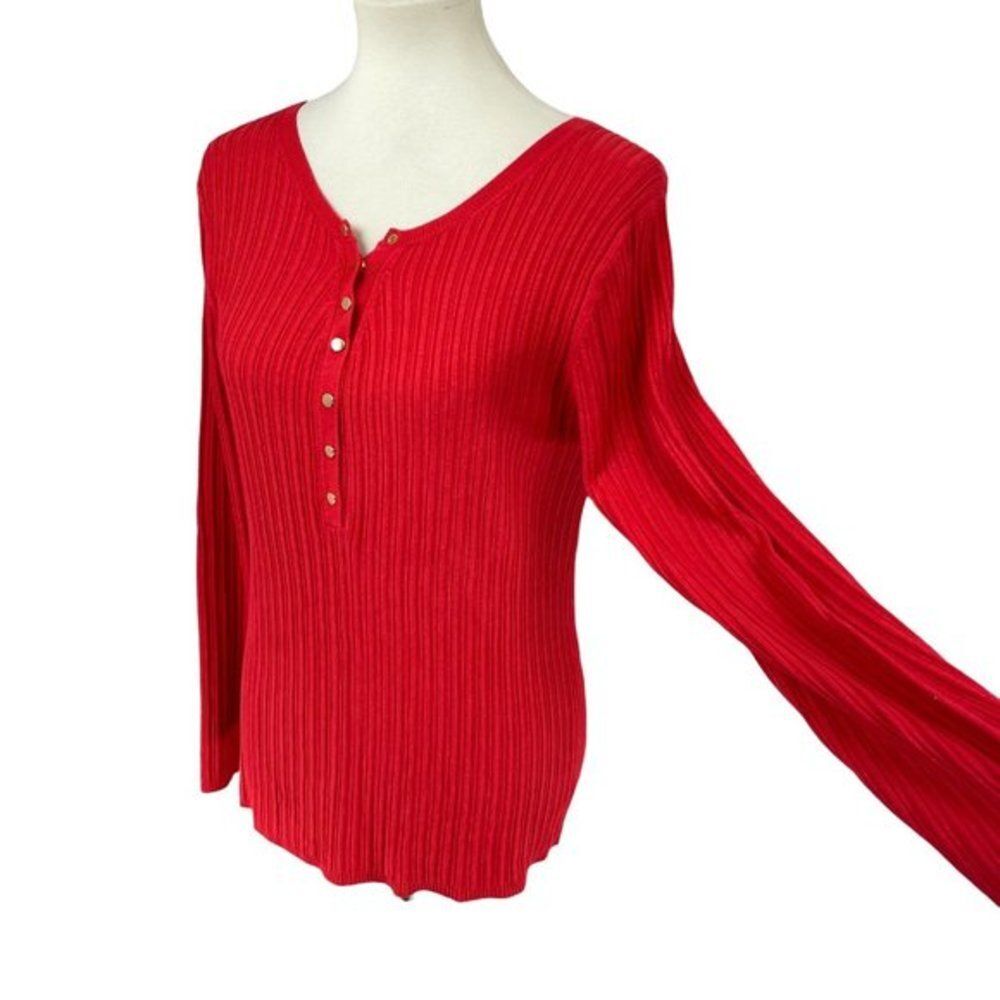 Chico's Women's Red Ribbed Knit Long Sleeve 1/4 Button Up Sweater Shirt Top Sz 3
